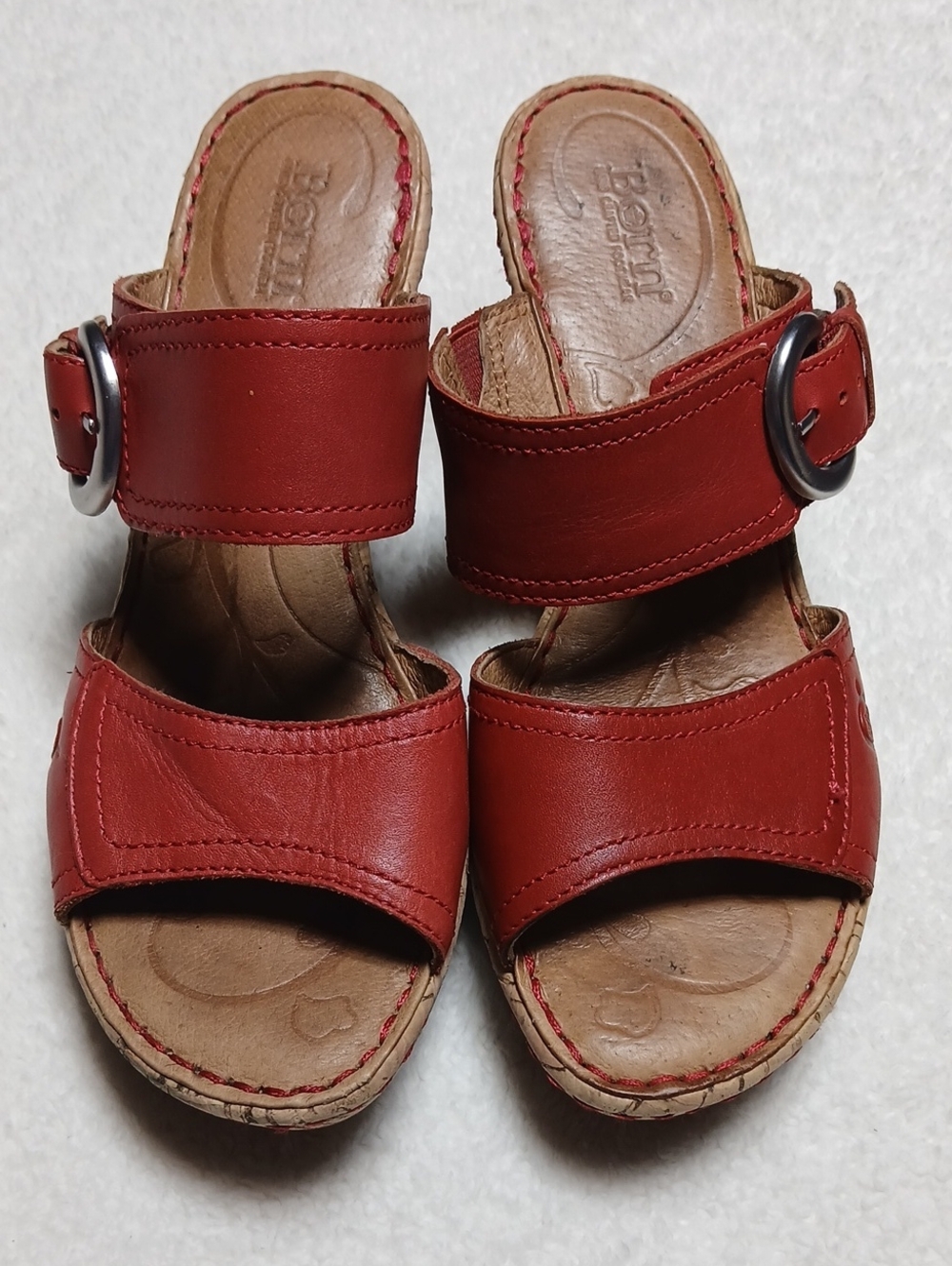 Born Red Leather Buckle Wedge Slide Mules Size 38